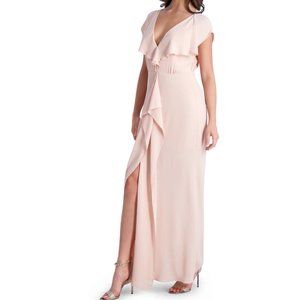 NWT BCBGMAXAZRIA EVETTE RUFFLED CHIFFON V-NECK GOWN WITH FRONT SLIT - 14